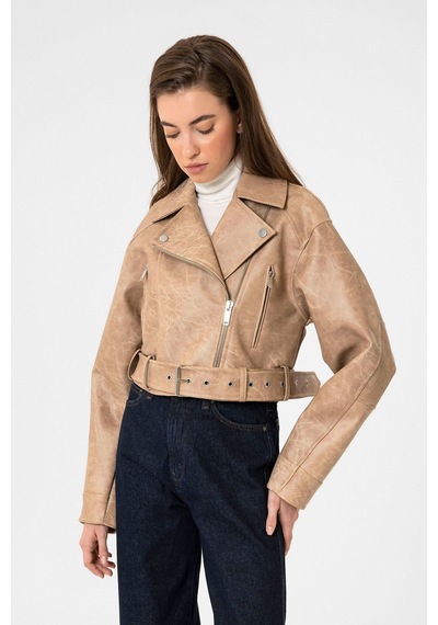 Antioch Kadın Suni Deri Crop Biker Ceket Bej