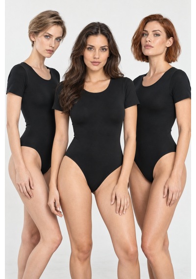 Loule Kadın 3'lü Kısa Kollu Bisiklet Yaka Pamuklu Kancalı Body Siyah