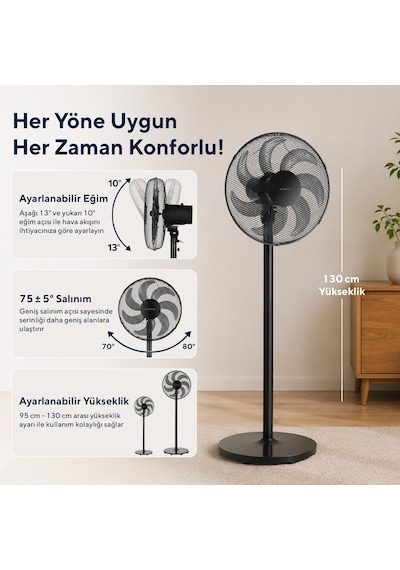 Kumtel Ktf-760 Siyah 16 İnç Ayaklı Vantilatör 50 W,7 Pervaneli,3 Kademeli, 130 Cm Yükseklik