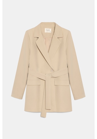 Sââde Kadın Tek Düğmeli Dokuma Kruvaze Blazer Ceket - Kuşaklı Bej