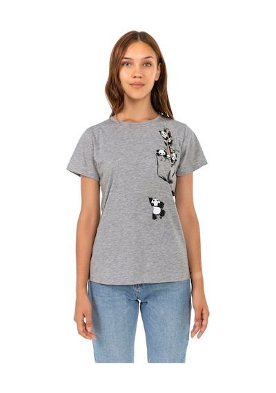 Vıshenka Kadın Gri Compact Penye Pamda Baskılı T-Shirt Gri