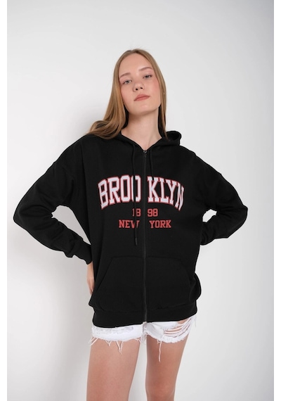 Tarzsokak Kadın Siyah Brooklyn Baskılı Oversize Hırka Brooklynhırka