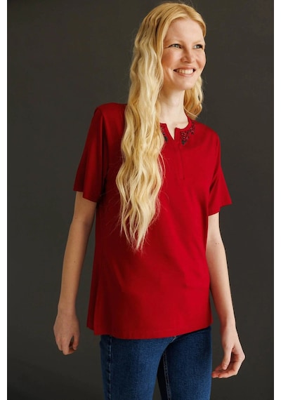 Desen Triko Kadın Açma Yaka Dantel Çiçek İşlemeli Penye T-shirt 24751 Bordo Bordo