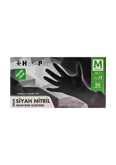 Has-pet Kalın Siyah Nitril Pudrasız Eldiven M 50'li - 12adet