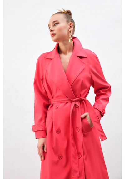 Sateen Kuşaklı Uzun Trenç - Fuşya