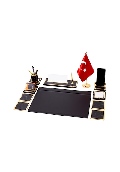 11 Parça Türk Bayraklı Mermer Desen Ahşap Sümen Takımı Masa İsimliği Deri Sümen Seti