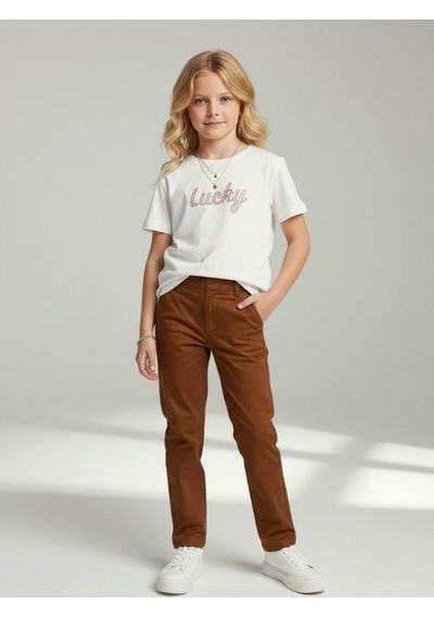 Zekids Kız Çocuk Lucky Baskılı Pamuklu T-shirt-16886 Ekru Kahve
