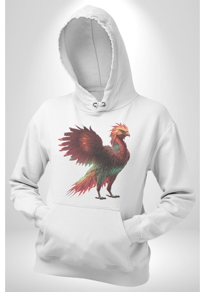 Anka Kuşu Ateş Kuşu Kadın Erkek Beyaz Kapüşonlu Sweatshirt Hoodie Beyaz