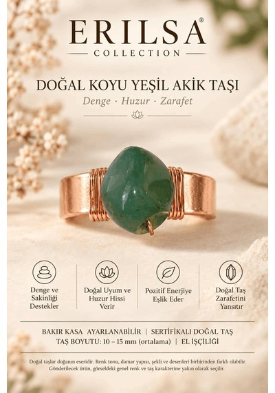 Sertifikalı Koyu Yeşil Akik Taşı Doğal Taş Yüzük Bakır Kasa Ayarl Çok renkli
