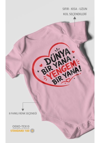 Morivokids Dünya Bir Yana Yengem Bir Yana Kısa Kollu Bebek Body %100 Pamuk Koyu Pembe