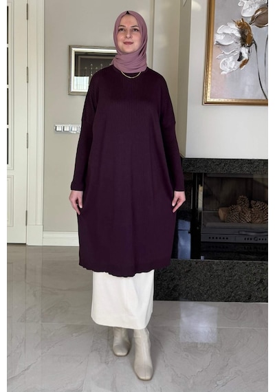 Rabia Şamlı Dora Triko Tunik Mürdüm Çok Renkli