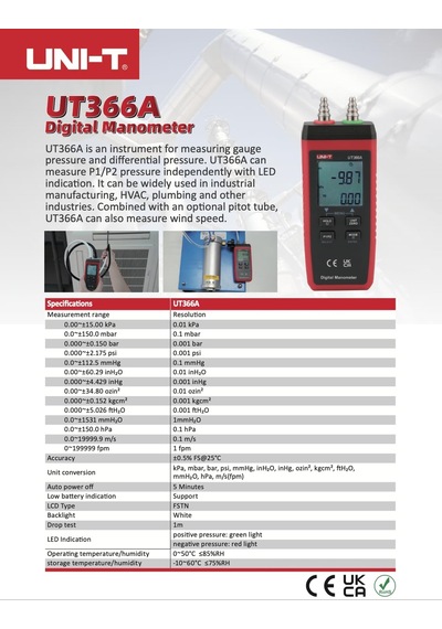 Unı-t Uni-trend Ut366a Dijital Manometre P1/p2 Basınç Ölçer Ve Sertifikalarla Rüzgar Hızını Ölçün: Ce, Ukca