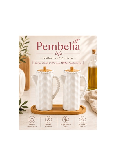 Bambu Standlı 2 Li Porselen 1000 Ml Yağdanlık Seti 3 Parça Yağlık Seti Beyaz Beyaz