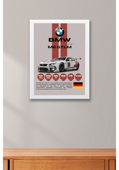 Bmw M6 Gtlm Premium Spor Araba Çerçeveli Tablo - Teknik Özellikli Otomobil Sever Duvar Dekoru Beyaz