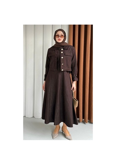 Hatun Kahverengi Gold Düğmeli Crop Ceket Ve Jile Kot Takım Bordo Bordo