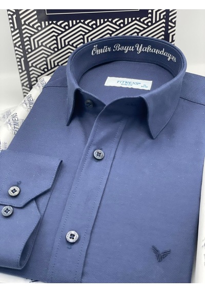 Slim Fit Uzun Kol Ömür Boyu Yakandayım Nakışlı Hediye Kutulu Erkek Gömlek Fs-001376 - Lacivert-1787