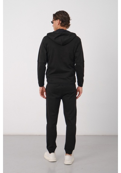 Dechers Erkek Siyah Tech Fleece Double Face Kapüşonlu Fermuarlı Eşofman Takımı - E228