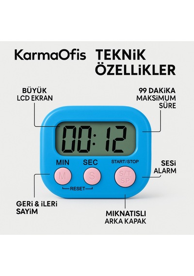 Dijital Kronometre Beyaz Mavi Tuşlu 99 Dakika Alarmlı Timer Büyük Lcd