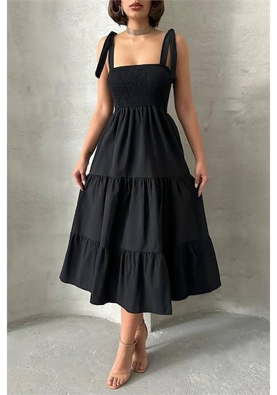 Neşeli Butik Kadın Askılı Poplin Kumaş Yazlık Elbise Nbg091 Siyah