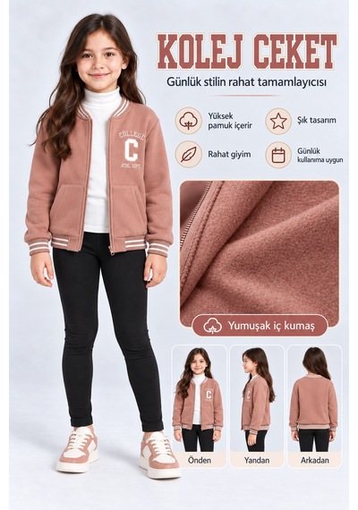 Ahengim Kız Çocuk Fermuarlı Kolej Ceket Cepli Nakış Detaylı Uzun Kollu Sweatshirt Ak26690 Gül Kurusu