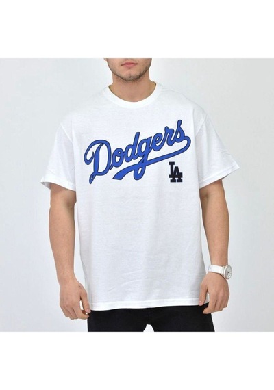 Flood Of Style Erkek Beyaz Dodgers Baskılı Oversize Bisiklet Yaka Tshirt