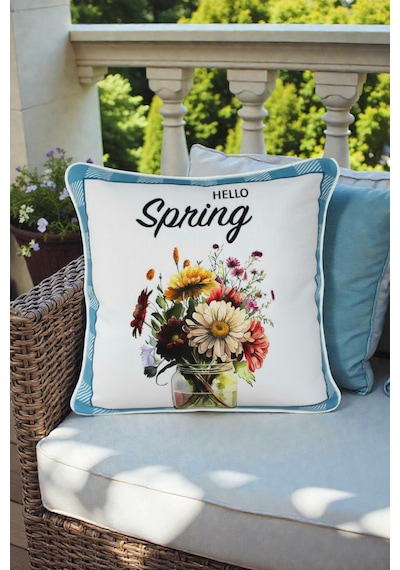 Kırlent Kılıfı Bahar Temalı Hello Spring 45x45 Raşel Örme Kadife Dijital Baskı Beyaz Biyeli Çok Renkli
