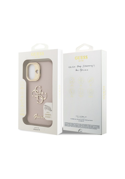Apple Uyumlu iPhone 16 Kılıf Guess Lisanslı Grained Yazı Logolu Kamera Standlı Kapak Pembe