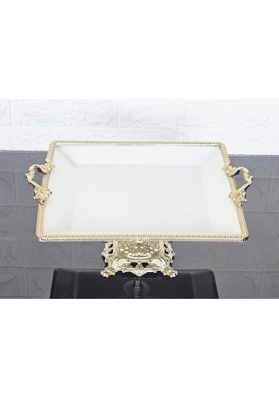 Porselen Büyük Sade Kare Servis Tabağı-sunumluk Döküm Gold Çerçeve Ve Ayaklı 27cm Beyaz