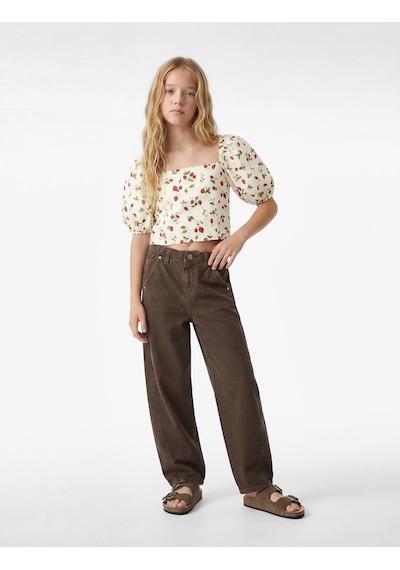 Koton Keten Viskon Karışımlı Gipeli Slim Fit Poplin Kare Yaka Crop Balon Kollu Çilek Desenli Bluz Kırmızı Desenli 6skg60004aw