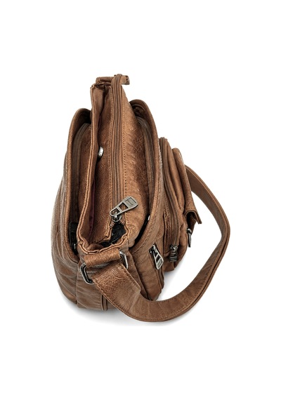 Sanmorris Çift Ön Pencereli Çok Gözlü Yıkama Deri Kadın Çapraz Askılı Omuz Çantası Orta Boy Haki