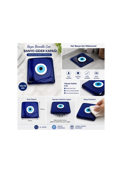 El Yapımı Nazar Boncuklu Cam Banyo Gider Kapağı 10x10 Cm Dekoratif Gider Süzgeci