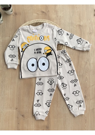 Süpermini Erkek Bebek Uzun Kollu Bisiklet Yaka Renkli Minyon 2 Li Takım Bej