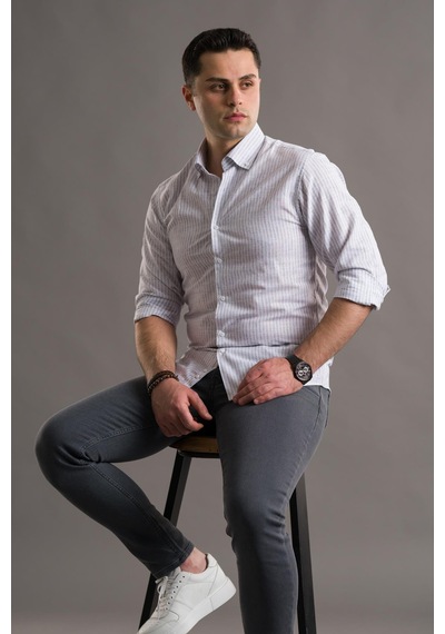 Evrytime Slimfit Yaka Düğmeli Çizgili Uzun Kol Yazlık Erkek Gömlek 001