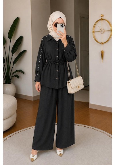 Hira Life Fashion Kadın Kolu Taş Detaylı Bel Bağlamalı Salaş Keten Gömlek Pantolon İki 'li Şık Takım Siyah Siyah Hira Life Fashion Kadın Kolu Taş Detaylı Bel Bağlamalı Salaş Keten Gömlek Pantolon İki 'li Şık Takım Siyah Siyah