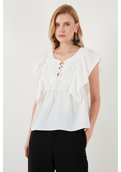 Lela Regular Fit Önden Bağlamalı Volanlı Bayan Bluz 611Fb20064 Ekru