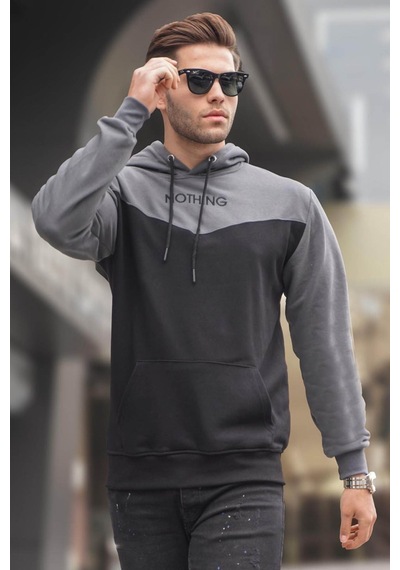 Madmext Siyah Kapüşonlu Renk Bloklu Erkek Sweatshirt 6024 Siyah