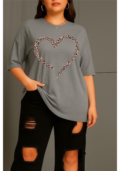 Love Kadın Büyük Beden Battal Baskılı Bisiklet Yaka Pamuklu T-shirt Rahat Kesim Unisex Sevgili Kombini Gri