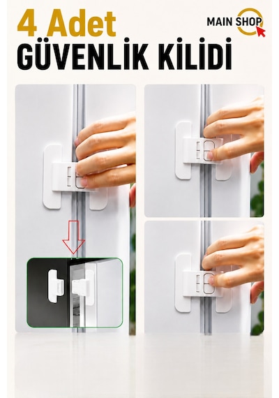 Mainshop 4 Adet Buzdolabı Güvenlik Kilidi - Buzdolabı Kapı Tokası - Kendinden Yapışkanlı M-360 Beyaz