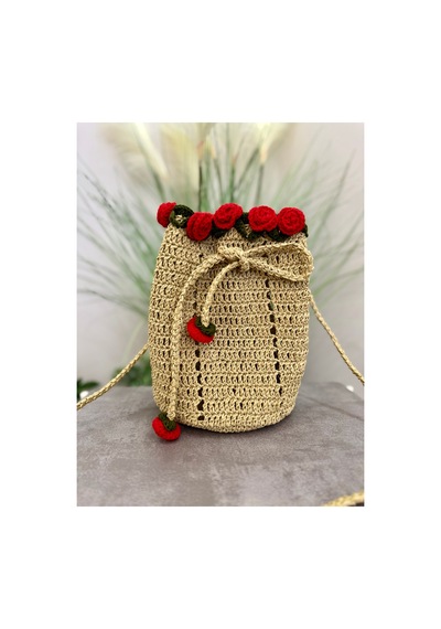 Melonndesign El Örgüsü Kâğıt İpten Buket Çanta Çiçekli Çanta Hasır Kırmızı