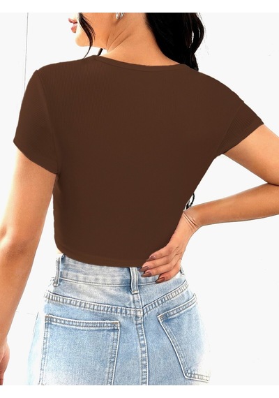 Rooted-kadın Kare & Havuz Yaka Crop T-shirt ,likralı Fitilli Kaşkorse Kumaş Kahverengi