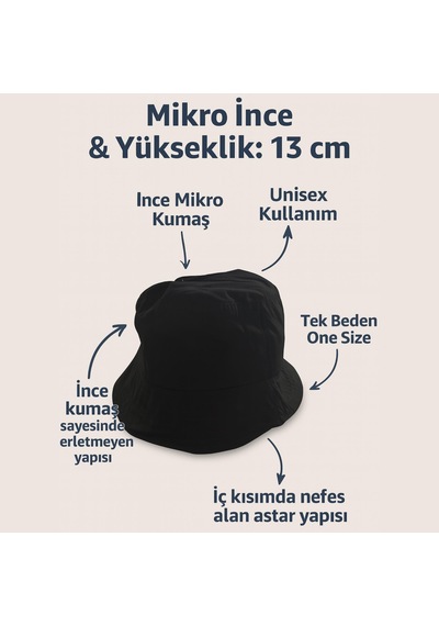 Perlotus Unisex Mikro Kumaş Yazlık Kova Şapka Havalandırmalı, Terletmeyen İnce Bucket Siyah