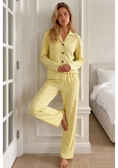 Womanandkids Gri Kadın Puantiyeli Uzun Kollu Düğmeli Pijama Takımı sarı