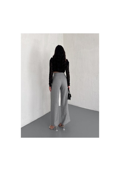 Gugus Kadın Cepsiz Dokuma Kumaş Pantolon Beli Cırtlı Bol Paça Wide Leg Model Gri