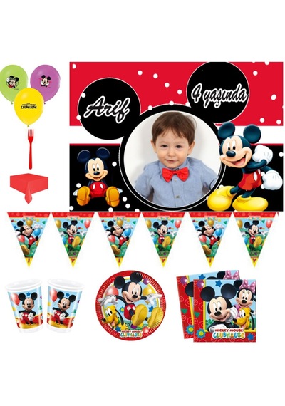 Afiş Hediyeli Mickey Mouse Doğum Günü Süsleri, Fotoğraflı Parti S +3