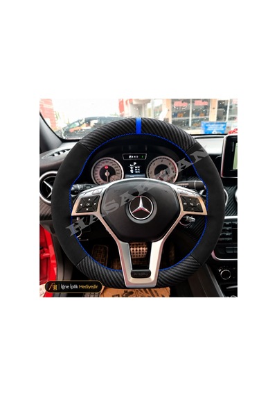 Mercedes A W176 Dikme Direksiyon Kılıfı Alcantara Süet Mat Karbon Mavi Yüzük Ve Dikiş Style-urban-amg Line 2012-2015