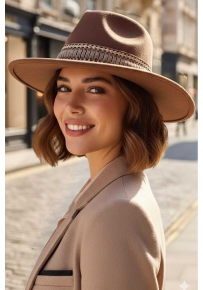 Uniquetrenders Kadın Geniş Kenarlı Bohem Tarz Şeritli Fedora Kaşe Şapka Camel