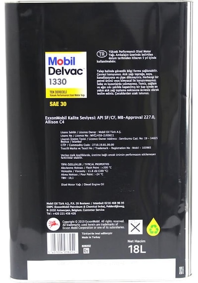 Mobil Delvac 1330 SAE 30 Tek Dereceli Dizel Motor Yağı 16 KG
