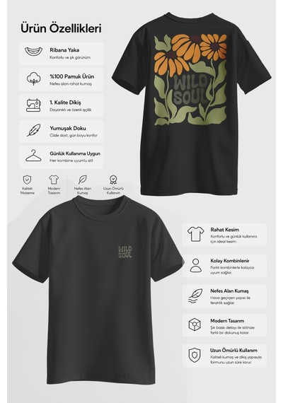Spoyi Wild Soul Tasarımlı %100 Pamuk Yarım Oversize Siyah T-shirt