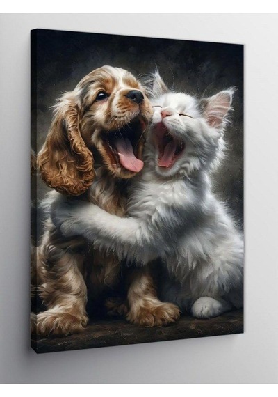 Kanvas Tablo Uyuyan Yavru Kedi Ve Köpek 50 X 70 Cnvsdkey-125894-50-70