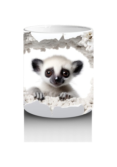 Kırık Duvar Arasından Bakan Tatlı Lemur Tasarımı - Baskılı Kahve Kupası Renkli